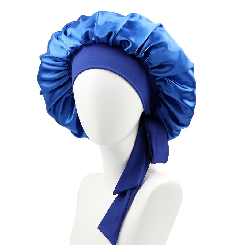 Wholesale satin solid bonnets elastic ribbon shower cap makeup hat anti knot beauty perm hat for long hair