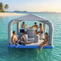 Île flottante durable 3,1x3,1x2,3m en Drop Stitch avec auvent, bar cabana gonflable robuste avec table et sièges, idéale pour les fêtes en mer