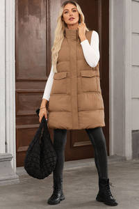 صدرية نسائية سوداء مقاومة للرياح طويلة بسحاب كامل منتفخة مع جيوب - Product Image 3