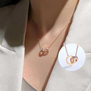 Hot Sale Roman Numeral Double Ring Pendant Necklace Rose Gold Plated <b>Titanium</b> Steel CZ Jewelry for Women Daily Party - Product Image 1