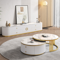 Ensemble de meuble TV et table basse ovale en bois et marbre de luxe moderne, finition dorée, pour salon, avec tiroirs, design unique et haut de gamme