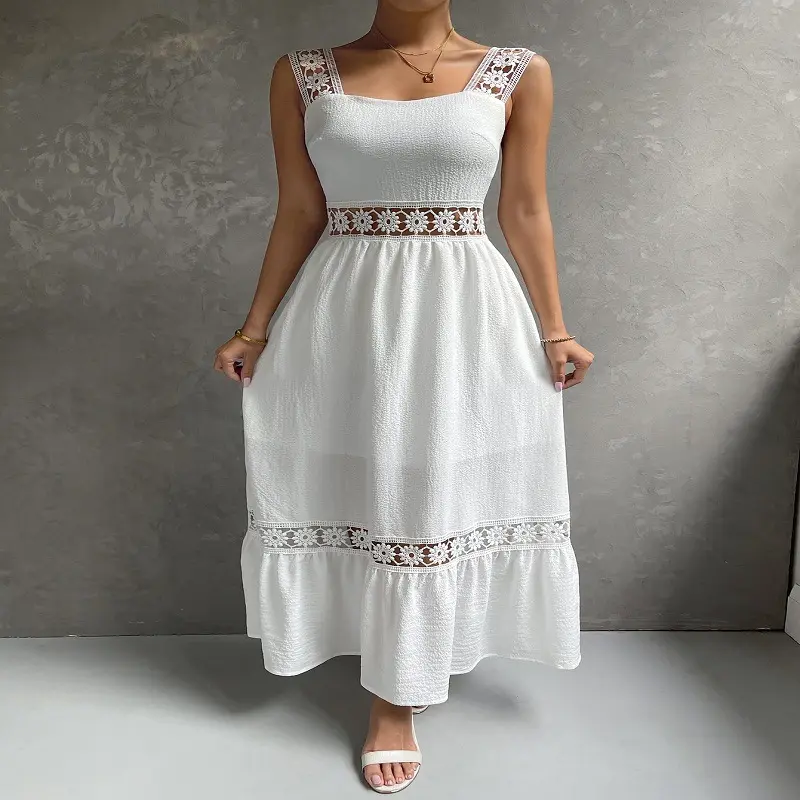 2022 New Hollow Lace Temperament Dress Suspender Stitching Slim Solid Color Sleeveless Female Long Dress