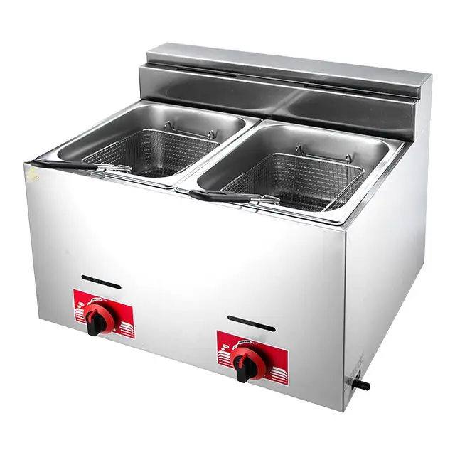 Sertifikat Terlaris Silinder Ganda Ayam Goreng Kentang Goreng Komersial Gas Deep Fryer Motor Perak Stainless Steel 2021