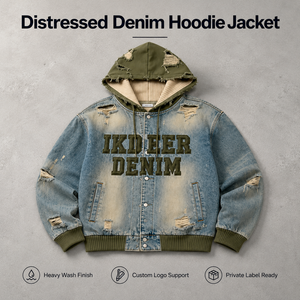 IKDEER Sudadera con Capucha de Mezclilla para Hombre, Estilo Vintage Y2K, con Bloques de Color Desgastados, Efecto Descolorido por el Sol, <span class=keywords><strong>2</strong></span> en 1, con Letras, 500 GSM, con Botones, Personalizada OEM - Product Image 3