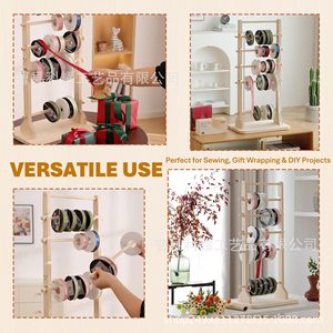 Wooden Ribbon Rack 6 Tier Solid Wood <b>Desktop</b> Storage <b>Shelf</b> For Craft Supplies - Product Image 3