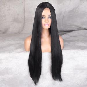 Perruque Longue et Lisse <span class=keywords><strong>Noire</strong></span> en Fibre Haute Température <span class=keywords><strong>de</strong></span> 24 Pouces pour Femmes, avec Raie au Milieu et Frange - Product Image 3