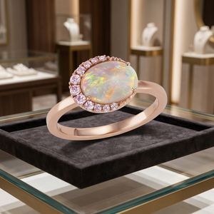 Rose <b>Gold</b> <b>Opal</b> <b>Ring</b> Oval Cut Pave Diamond Halo Women's Romantic Gemstone Engagement <b>Ring</b> - Product Image 3