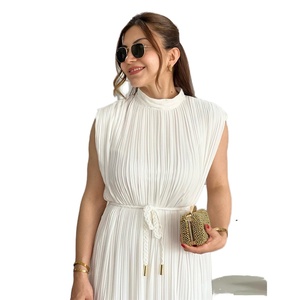 Vestido Largo Casual de Moda Primavera-Verano 2024, Estilo Europeo Americano, Cuello Medio Alto, Cintura con Encaje, Color Sólido - Product Image 5