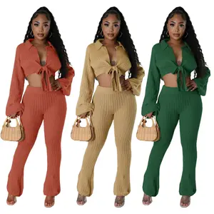 GX870 Fashion Casual 2 Piece Set Knitted Outfit Lounge Wear Long Sleeve Shirt And Pants Elegant Matching Suit Women