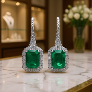 Orecchini Pendenti E3412 in Oro Bianco con Taglio Smeraldo, Gioielli Classici da Festa per Donne, Montatura a Griffe, Orecchini alla Moda - Product Image 2