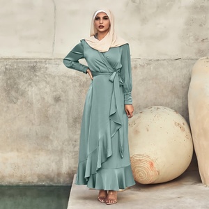 Asymmetrisches Rüschen-Taillengürtel Muslimisches Kleid Hohe Qualität Lange Ärmel Satin Muslimische Damen Einfarbiges Maxikleid - Product Image 2
