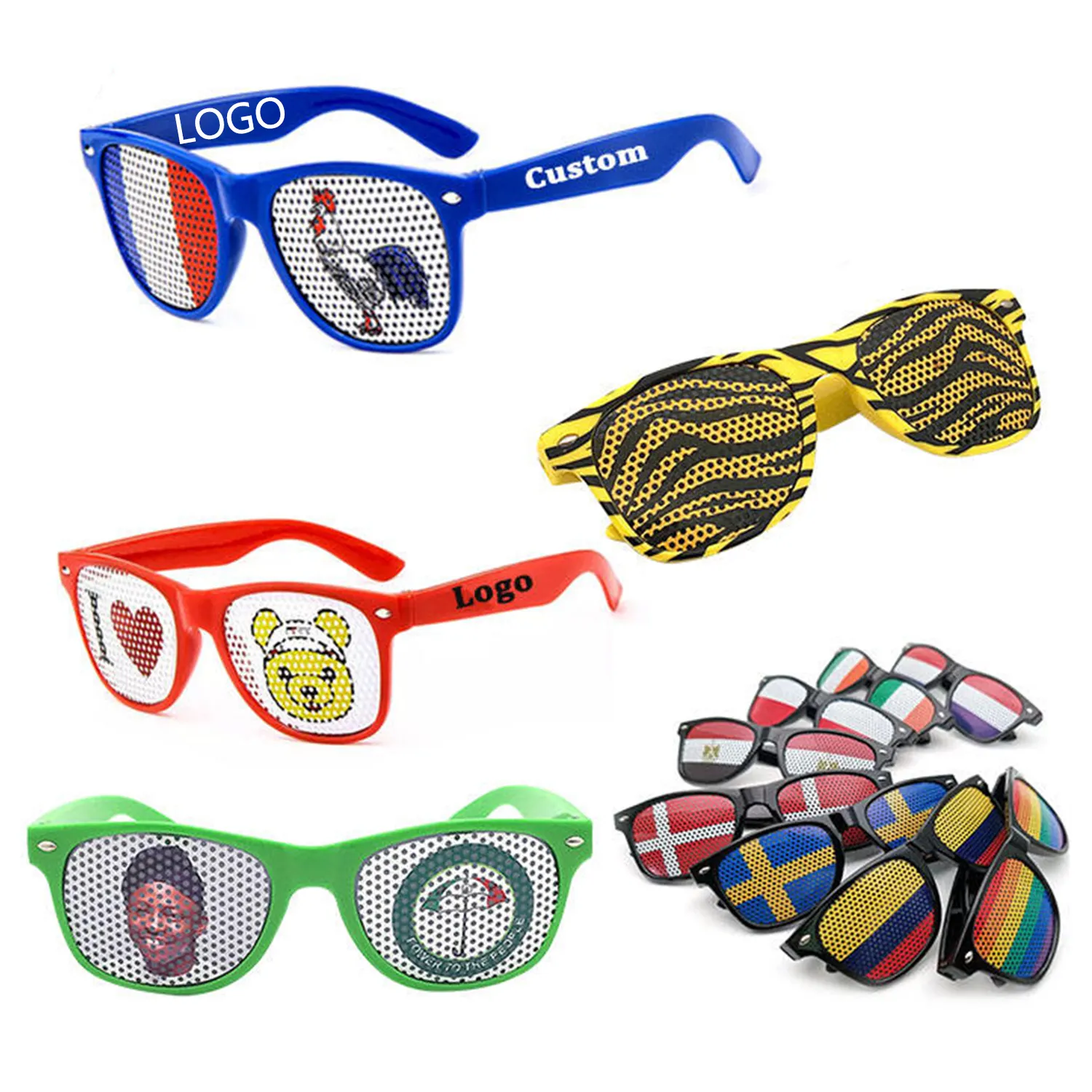 2023 Hot selling party customized logo printing for men sunglasses pinhole lens sticker flag for women sun glasses