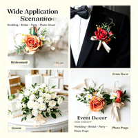 Boutonnière en satin avec rose rouge et verdure, nouée à la main, pour le marié, le témoin, le père, mariage, banquet, bal, décoration de revers de costume