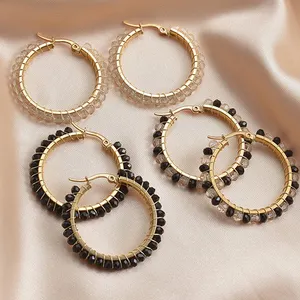 Wholesale Fashion Jewelry Stainless Steel White Black Glass Crystal Seed Bead Earrings Rhinestone Beaded Large Hoop Earrings