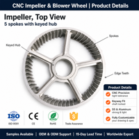 Roue d'impulsion usinée CNC sur mesure avec moyeu à gorge, rotor de turbine à cinq branches pour soufflerie, pompe, OEM, en acier inoxydable et aluminium