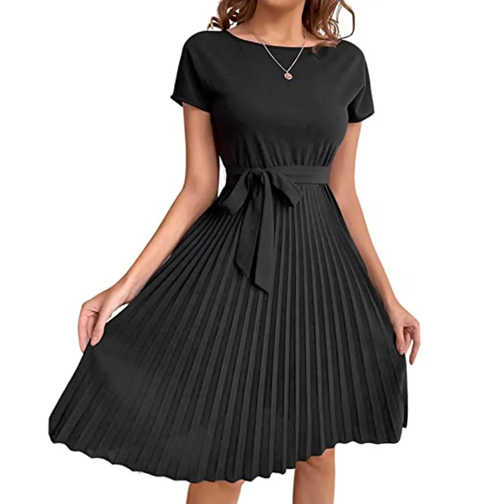 OEM Plus Size Womens Pleated High Waist A Line Midi Dresses Women Lady Elegant Casual Dress Laddies Pleaded Formal Dresses Women