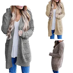 Morbido delle donne Chunky Knit Maglione Anteriore Aperto Cardigan Outwear con Tasche