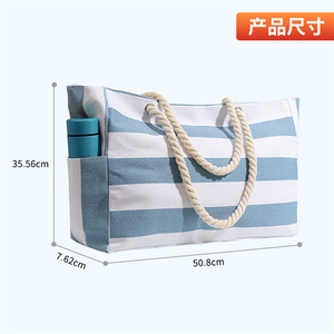 2023 poche étanche fermeture éclair grand été femmes toile rayé plage <span class=keywords><strong>sac</strong></span> fourre-tout avec fantaisie coton corde poignée - Product Image 2