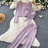 Ensemble 3 pièces côtelé pour femme : Cardigan à manches longues et col en V, débardeur froncé à cordon de serrage et pantalon évasé – Tenue décontractée d'été