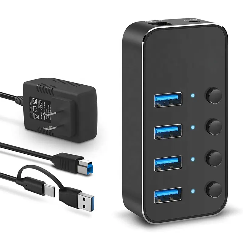 Xput Hub USB 3.0 5Gbps Desktop, adaptor Laptop PC kecepatan tinggi pembagi Hub USB 4 port dengan saklar individu untuk Laptop