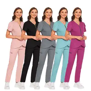 도매 새로운 스타일 병원 스크럽 세트 V-넥 간호사 유니폼 맞는 스크럽 여성 스판덱스 의료 간호 스크럽 세트