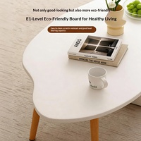 Table basse moderne et simple avec pieds en bois massif et plateau en panneau de densité, forme irrégulière, idéale pour les petits appartements et salons.
