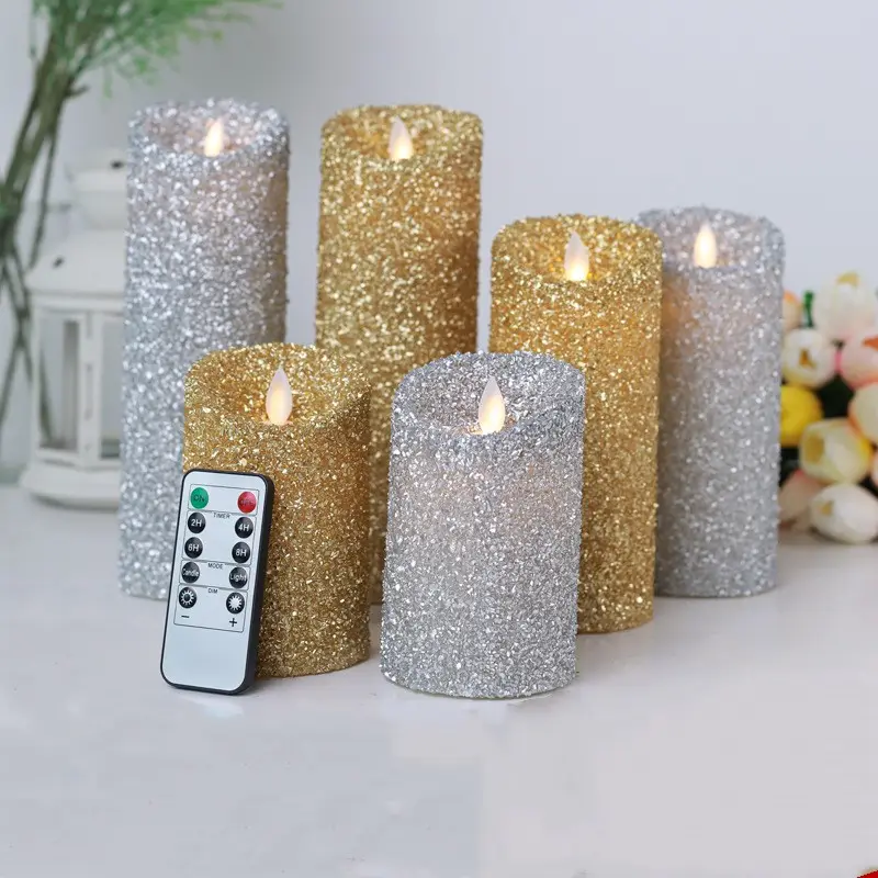 Candele a LED finte tremolanti con Glitter dorati con telecomando a batteria wax 3D real flame crator top candle set