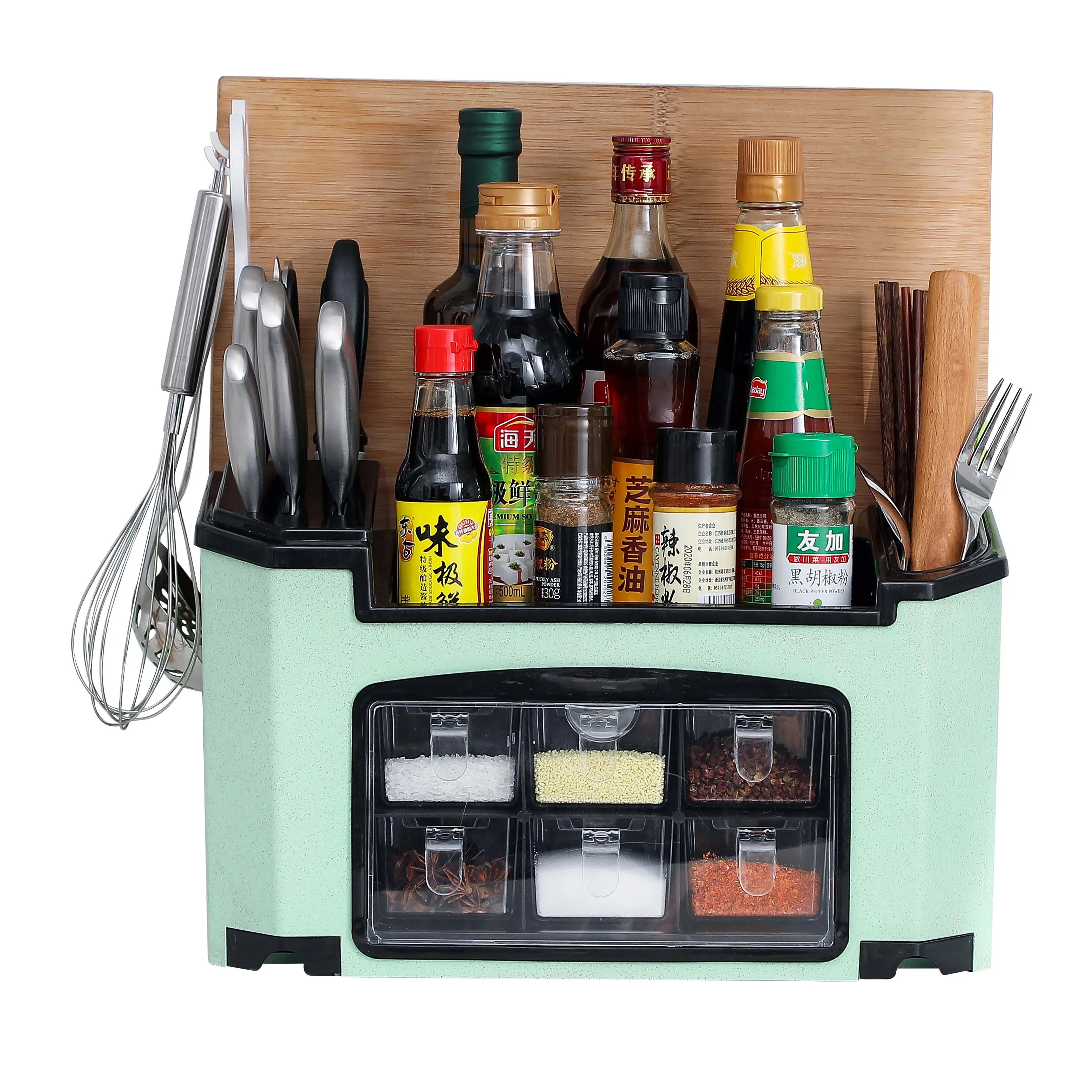 Estante de cocina de plástico para condimentos, estante abierto de especias dobles, Caja multifuncional, soporte de herramientas de mezcla, venta al por mayor