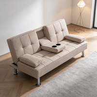 Canapé-lit convertible en lin beige, avec porte-gobelets et dossier réglable, idéal pour les petits appartements et les chambres d'hôtes, certifié BSCI