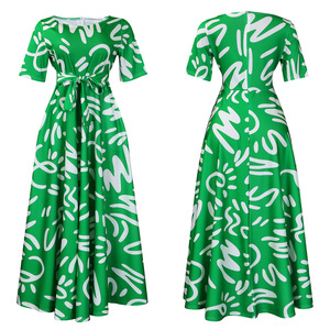 Nouvelle Robe Longue Tissée Décontractée pour Femme 2025, en Spandex Uni, Coupe Trapèze, à Manches Courtes, Imprimée, avec Grand Volant et Lacets, Style Euro USA - Product Image 4