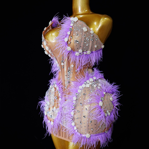 Mini-robe de scène professionnelle lavande ornée de plumes et de cristaux, style corset à baleines, décolleté plongeant en V, dos en maille transparente à lacets, pour spectacle de showgirl - Product Image 5