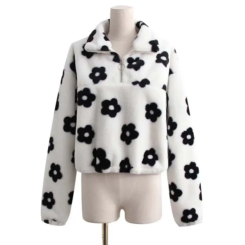 Black and White Plush Half-Zip Loose Thermal Fur Jacket Stretch Drawstring coat