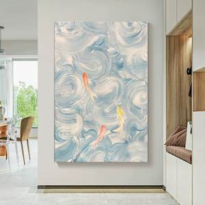 Nuova pittura a olio di pesce Koi dipinta a mano cinese astratta nove <span class=keywords><strong>disegni</strong></span> blu soggiorno trama decorativa tela moderna - Product Image 5
