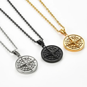 Collier Pendentif Boussole Vintage en Acier Inoxydable pour Hommes et Femmes, Breloques Rondes Étanche en Forme de Pièce de Monnaie et d'Étoile, Cadeau de Bijoux pour Fête d'Anniversaire - Product Image 1