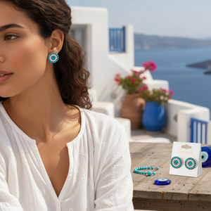 Turkish Eye Rounded <b>Turquoise</b> Stone <b>Stud</b> Silver <b>Earring</b> Wholesale 925 Sterling Silver for Woman Jewelry - Product Image 3