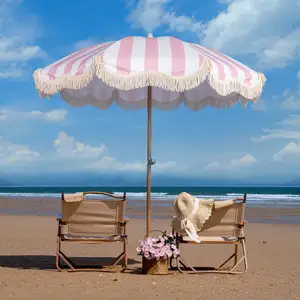 Custom Classic Tassel Beach Parasol Luxury Wooden Beach Umbrella With Fringe