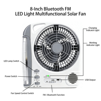 Ventilateur solaire 8 pouces avec radio FM Bluetooth, lecteur de carte TF, batterie LiFePO4 5000 mAh, veilleuse LED, charge Type-C, sortie USB pour téléphone