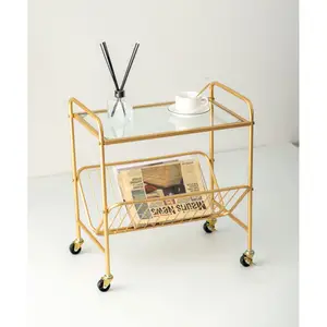 Multifunctional Table with Storage Basket Chic Sofa Side Table Metal Frame Glass Top Coffee Table with Wheels