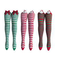 Calcetines navideños a rayas de poliéster por encima de la rodilla con lazos y pompones, diseño en rojo y verde para mujer, calcetines de Papá Noel