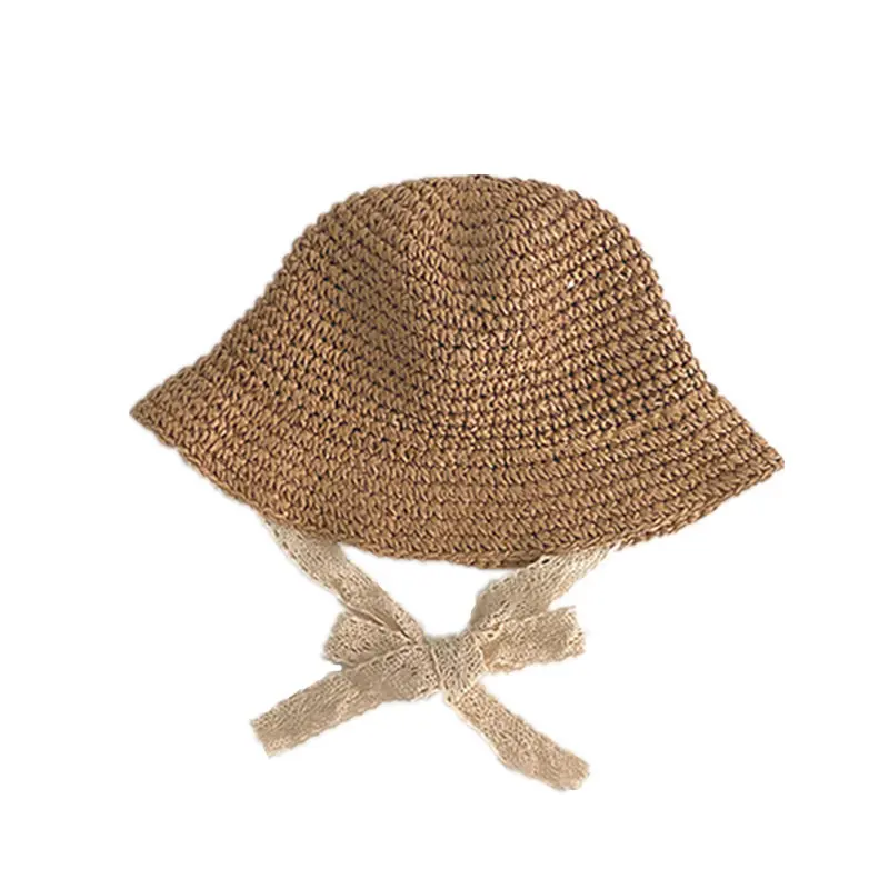 Dantel bebek şapka yaz hasır yay bebek kız kap plaj çocuk Panama şapka prenses bebek şapka ve çocuklar için kapaklar