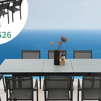 Table à manger moderne sur mesure fabriquée en Chine, très vendue, avec plateau en verre, structure en aluminium, facile à nettoyer, ensemble de 6 chaises
