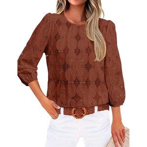 Blusa de encaje para mujer, manga 3/4, estampado floral, top informal, color caramelo, uso diario - Product Image 2