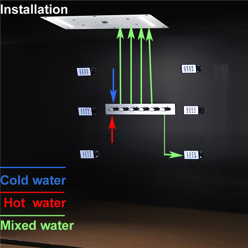 LED Multi-fonction Grand Robinets De Douche de Pluie tête Froide et Chaude Inverseur Vanne Mélangeuse Avec Corps de Massage jets
