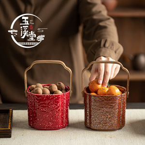 Panier à fruits en céramique Wu Xi Tang avec poignée en bois, motif nuage bleu, récipient de rangement pour fruits et collations - Product Image 2