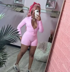 <span class=keywords><strong>Giacca</strong></span> a maniche lunghe e pantaloncini da motociclista ad asciugatura rapida Yoga sport da palestra 2 pezzi Casual due pezzi set Jogger donna - Product Image 3