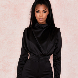 Blusa de satén negro Monos de manga larga para mujer Monos y mamelucos de una pieza recortados - Product Image 1