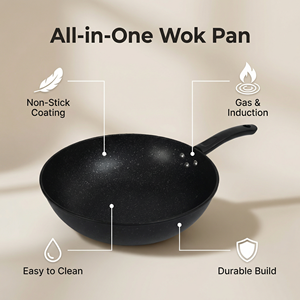 Directo de fábrica, Caldero de cocina negro de 32cm, utensilios de cocina antiadherentes, <span class=keywords><strong>Wok</strong></span> de hierro fundido con mango de madera - Product Image 3