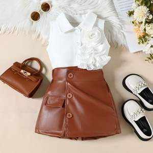 Ensembles deux pièces pour filles d'été, chemise sans manches à fleurs, short à boutons en <span class=keywords><strong>cuir</strong></span>, vêtements pour enfants de haute qualité - Product Image 1