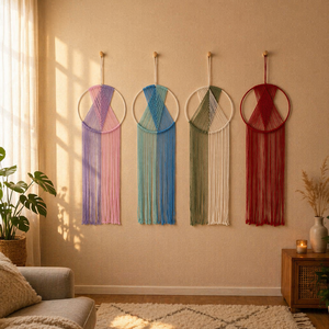 <span class=keywords><strong>Tapisserie</strong></span> murale décorative ronde de style nordique en corde de coton tressée à la main avec pompons, personnalisable pour la maison - Product Image 1