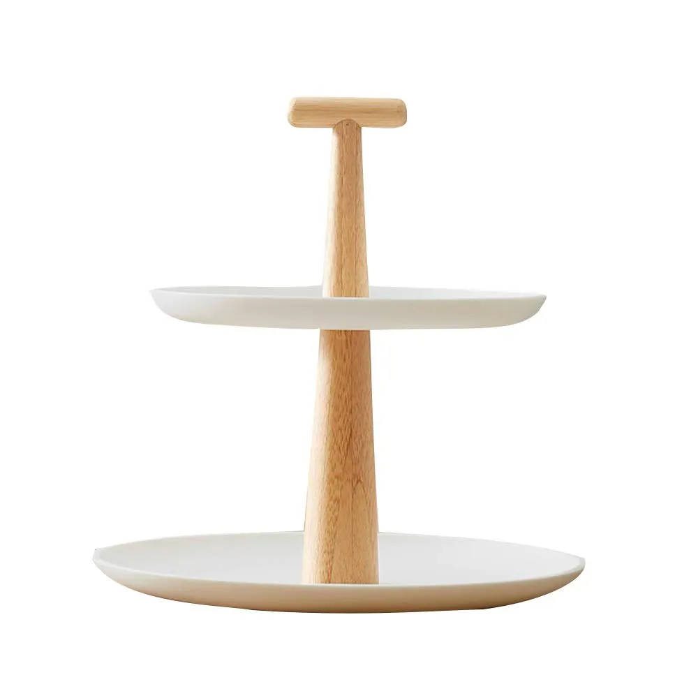 Wit Cupcake Stand Dessert Stand Met Keramische Ronde Dienblad & Houten Handvat 2 Tier Leuke Cake Stand Set